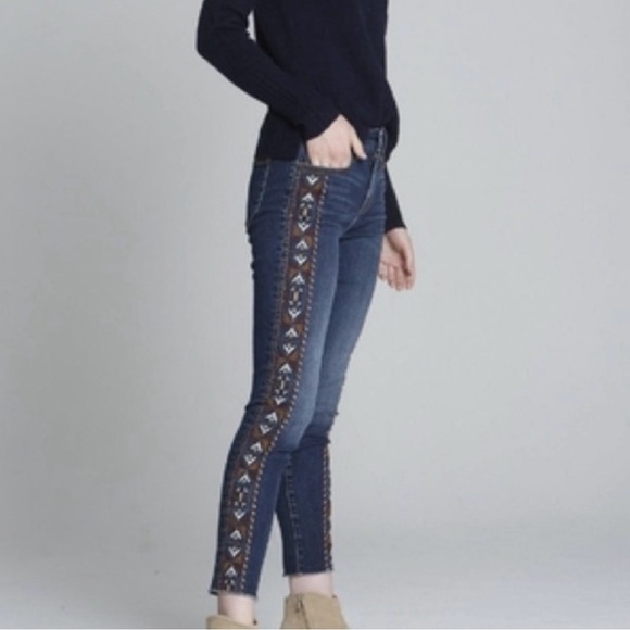 DRIFTWOOD Jackie Aztec Embroidered Mid Rise Raw Hem Skinny Jean Denim - Picture 9 of 9